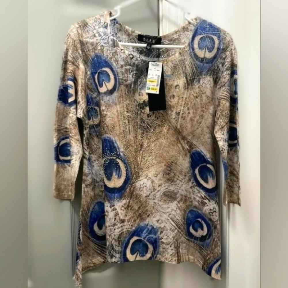 B. L. E. U. 3/4 Sleeve Peacock inspired semi sheer Top